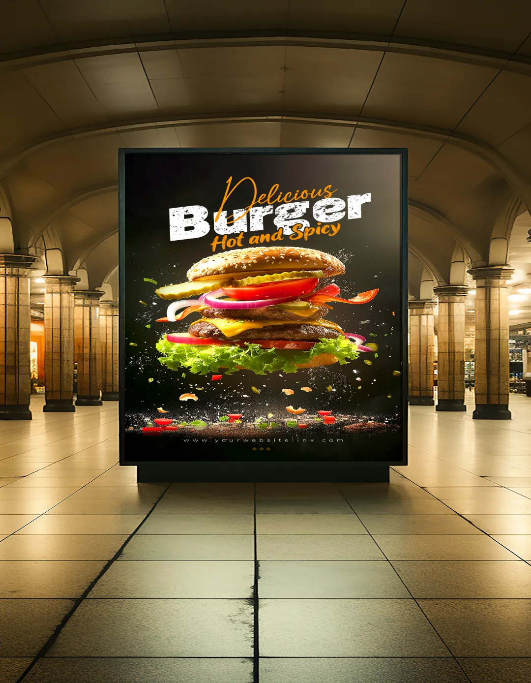 A large poster featuring a delicious burger, The setting is indoors